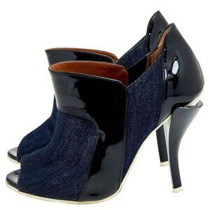 Fendi Blue/black Denim And Patent Leather Peep Toe Booties Size 37